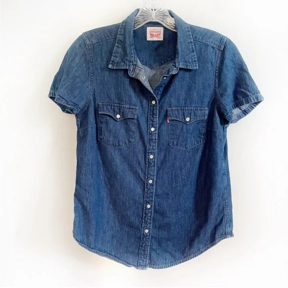 Levi's Larissa western shirt blue denim short sleeves dark wash snaps - Picture 2 of 8